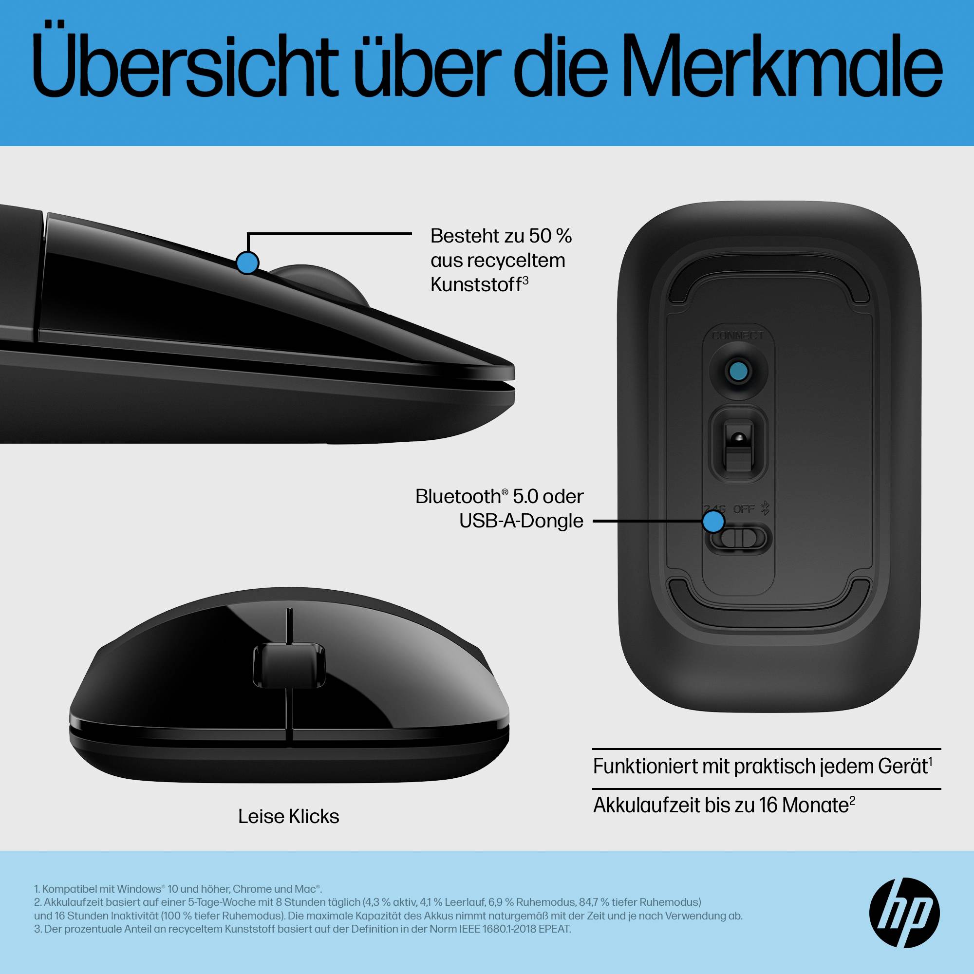 'Mouse con Bluetooth 5.0, dongle USB-A e clic silenziosi. Realizzato con il 50% di plastica riciclata. Durata della batteria fino a 16 mesi.'