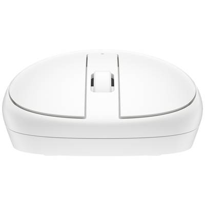 Mouse bianca wireless con due tasti e rotellina di scorrimento, raffigurata frontalmente su sfondo bianco.