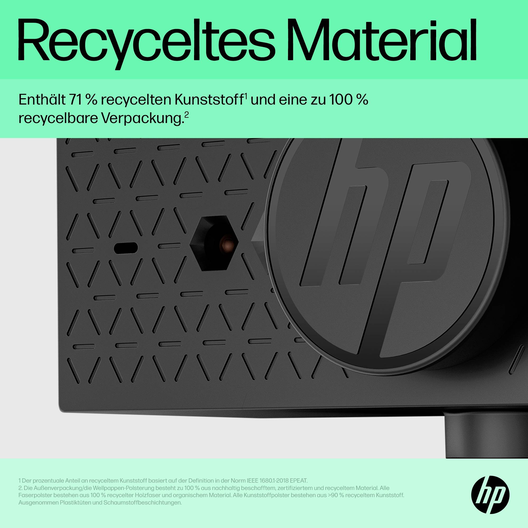 'Materiale riciclato. Contiene il 71% di plastica riciclata e un imballaggio riciclabile al 100%.' Logo HP su sfondo di plastica.