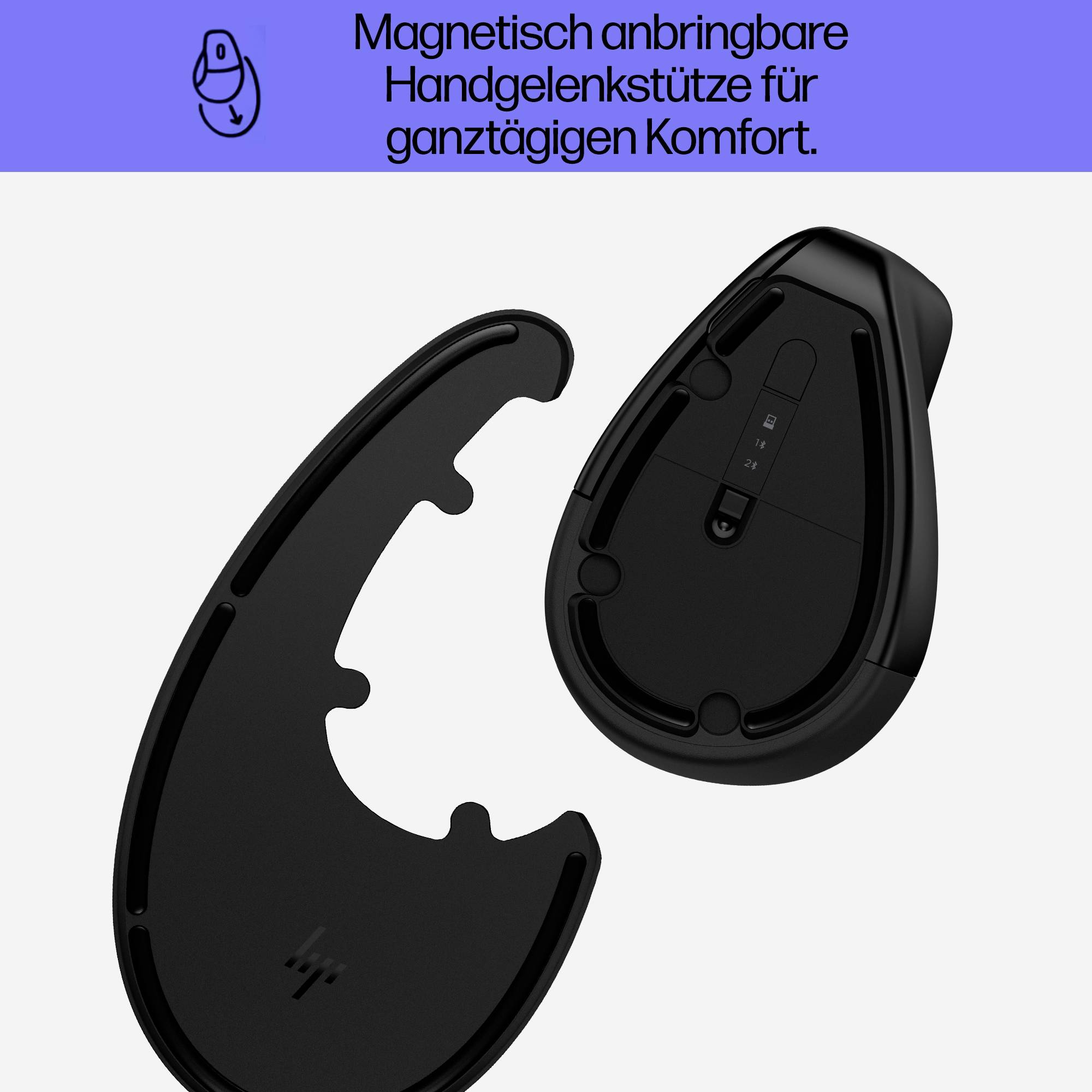 Un supporto magnetico nero per il polso per mouse del computer, raffigurato da una vista frontale e posteriore, su sfondo lilla.