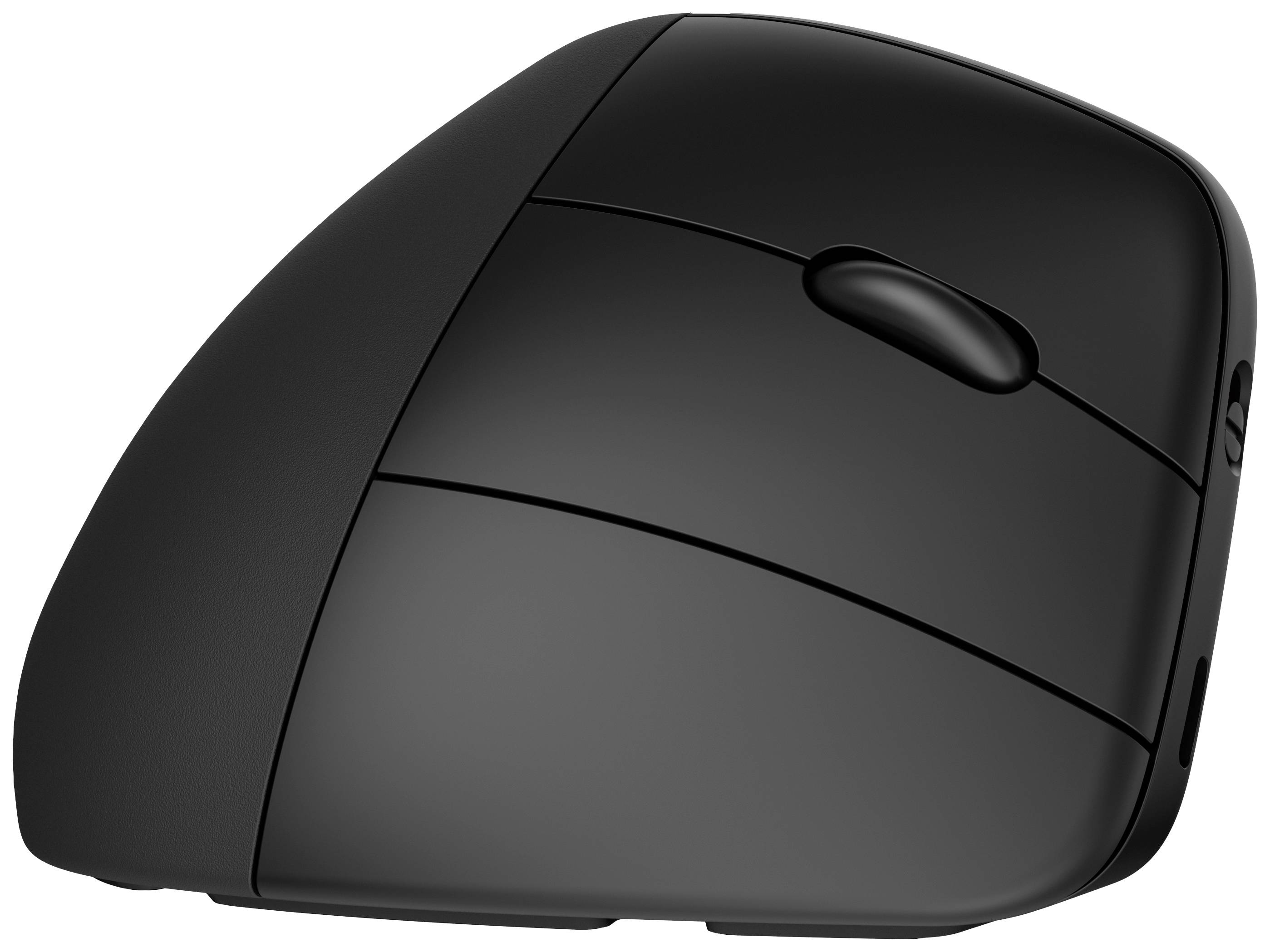 Un mouse per computer ergonomico, verticale, nero con due pulsanti e una rotella di scorrimento. Promuove una posizione naturale della mano per ridurre l'affaticamento.