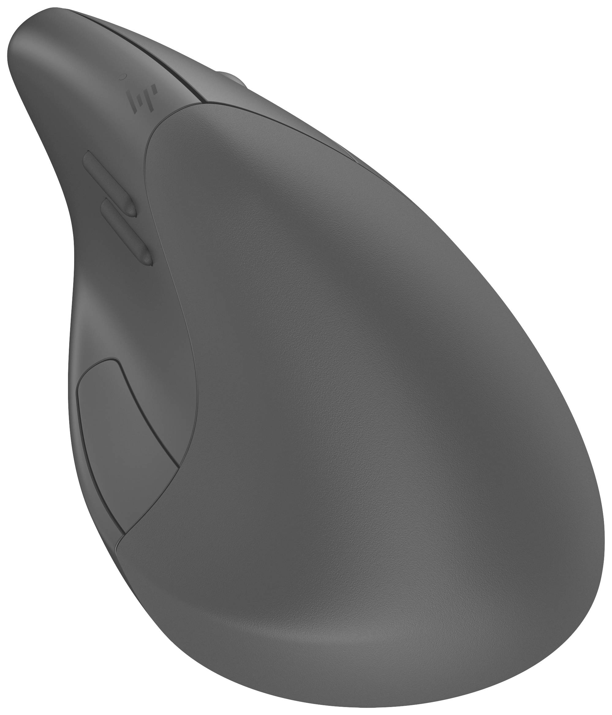 Mouse ergonomica grigia, design verticale, per una posizione di impugnatura comoda.