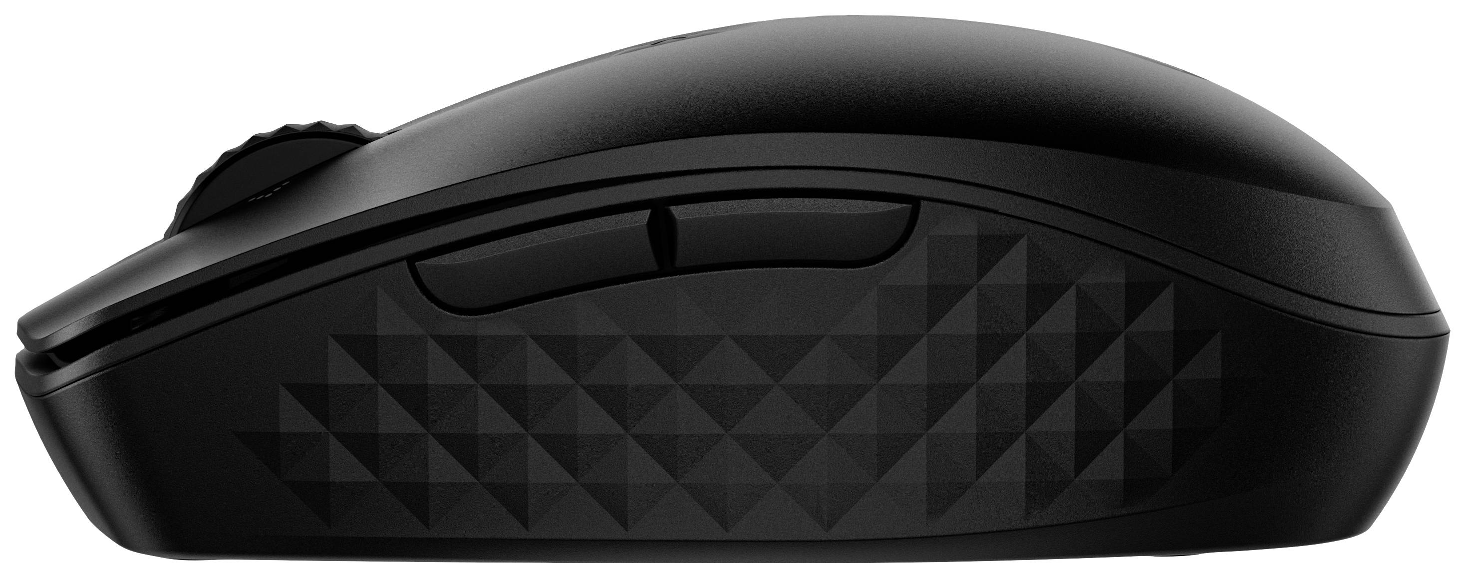 Mouse nera wireless con impugnatura strutturata, tasto laterale e rotella di scorrimento. Adatta per un lavoro ergonomico.