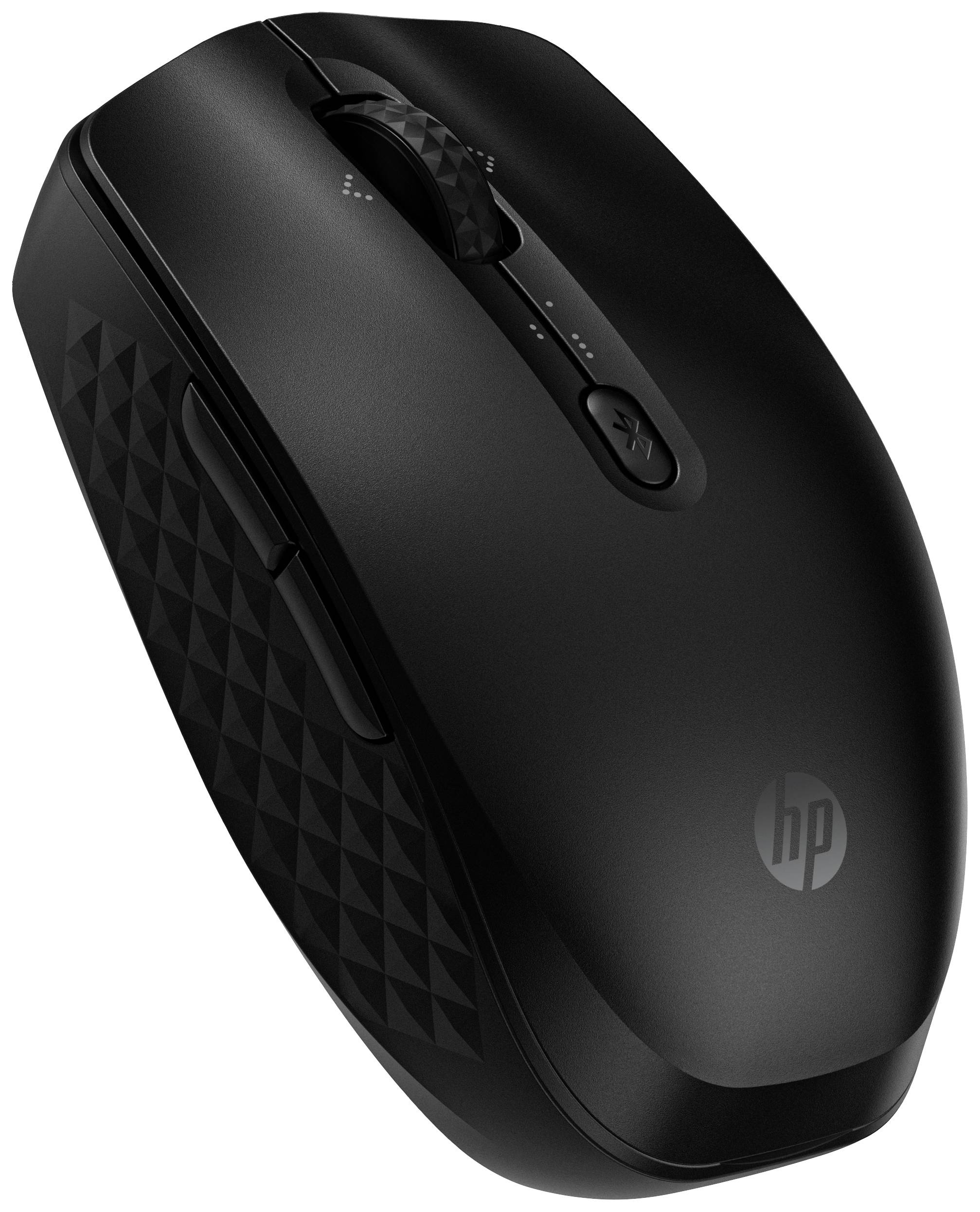 Mouse nera wireless con design ergonomico, tasto di scorrimento e motivo laterale per una presa migliore.