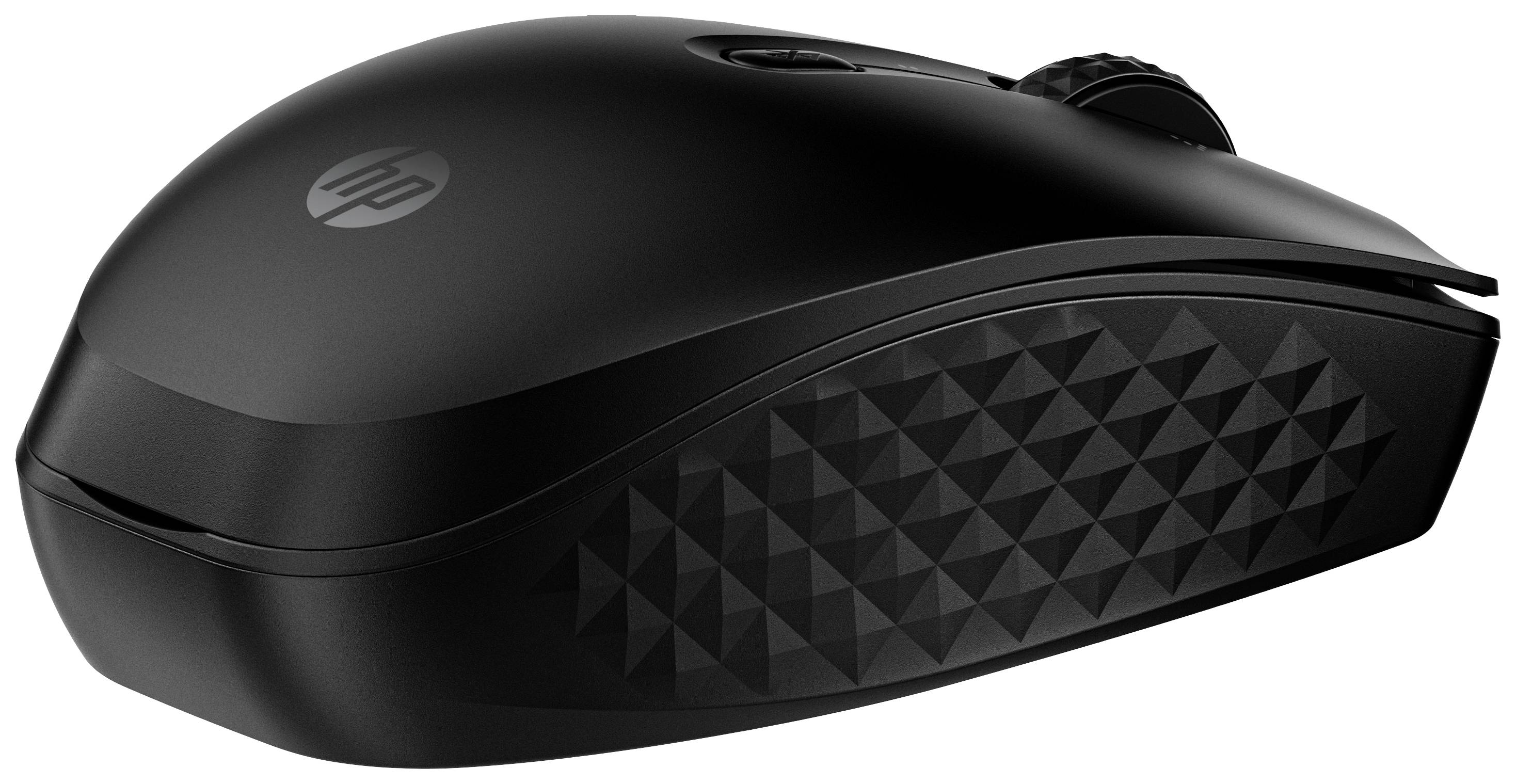 Mouse nera per computer con impugnatura strutturata e rotella di scorrimento, con un logo visibile sul lato.