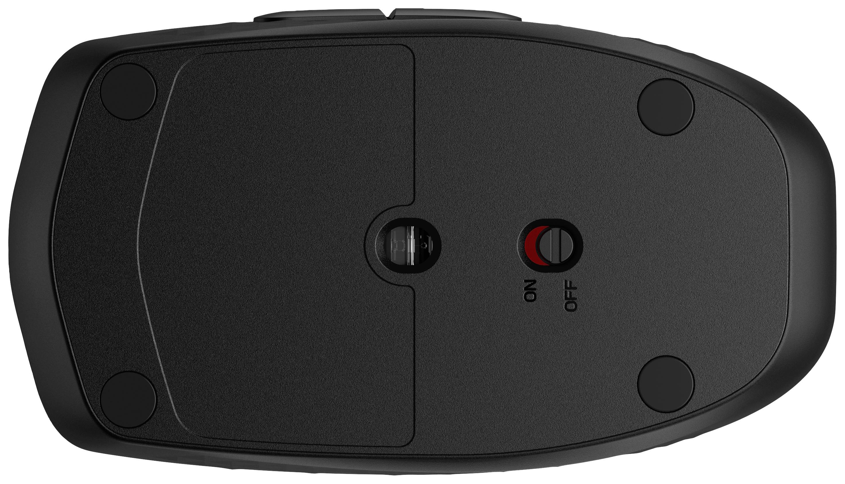 Parte inferiore di un mouse nero per computer con un piccolo interruttore con la scritta 'ON/OFF' e un sensore al centro.