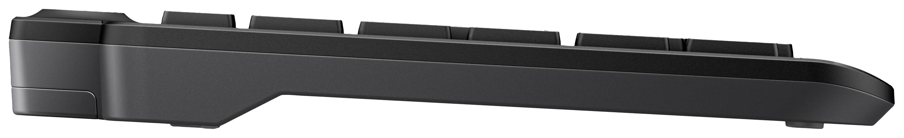 Vista laterale di una tastiera compatta nera con profili dei tasti rialzati. Ideale per un utilizzo ergonomico.