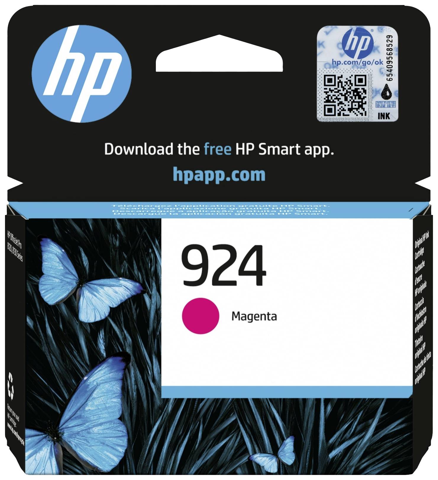 Cartuccia di inchiostro HP 924 in Magenta. La confezione mostra farfalle blu su uno sfondo di erba. In alto: codice QR e riferimento all'app HP Smart.