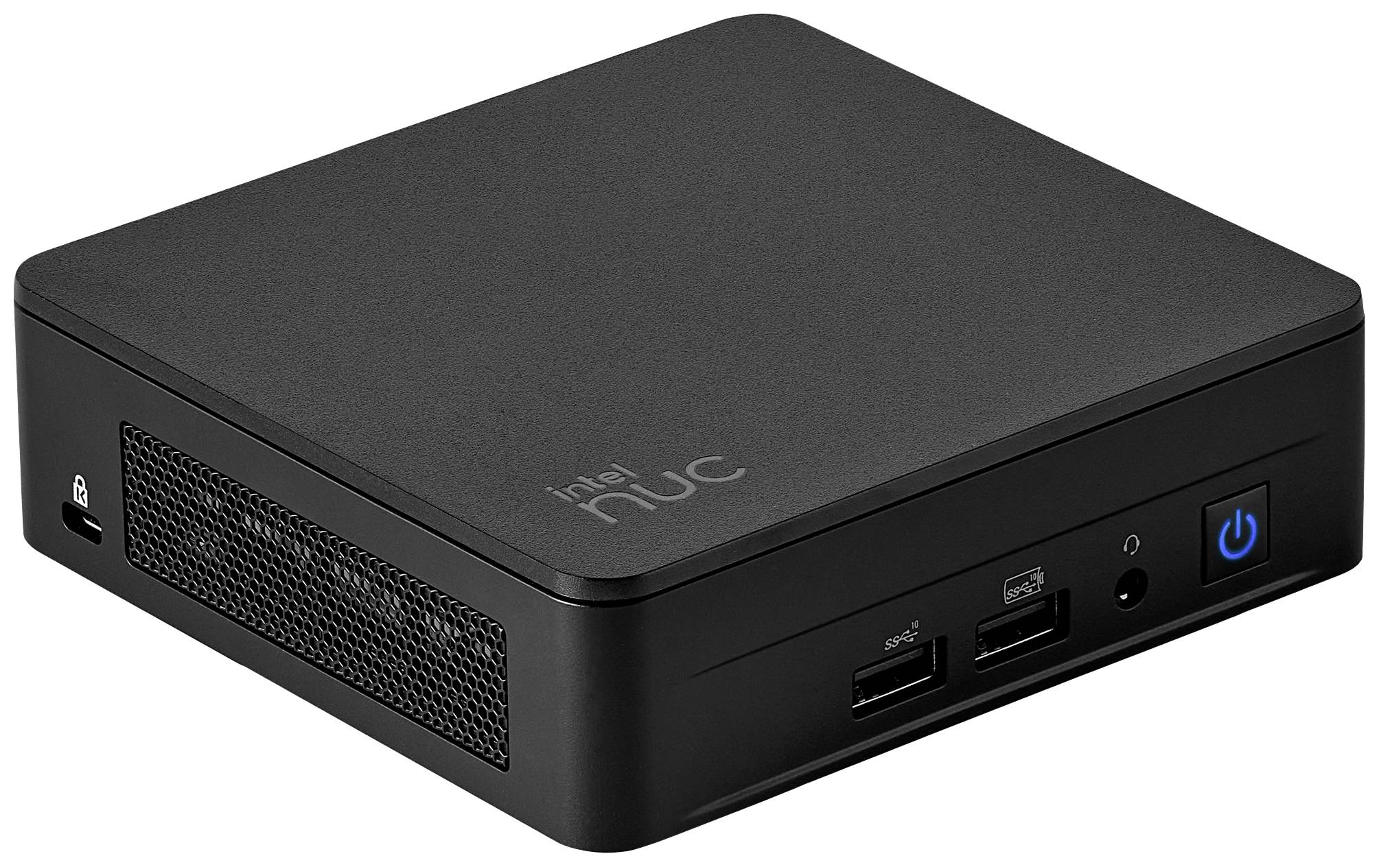 Un mini PC nero con il logo 'Intel NUC' sulla parte superiore. Dispone di diversi porte frontali e un interruttore di accensione.