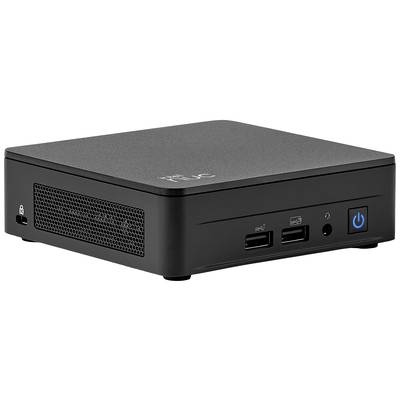 Un mini PC compatto, quadrato, con involucro nero e diversi porte sulla parte frontale. Ideale per applicazioni che richiedono poco spazio.