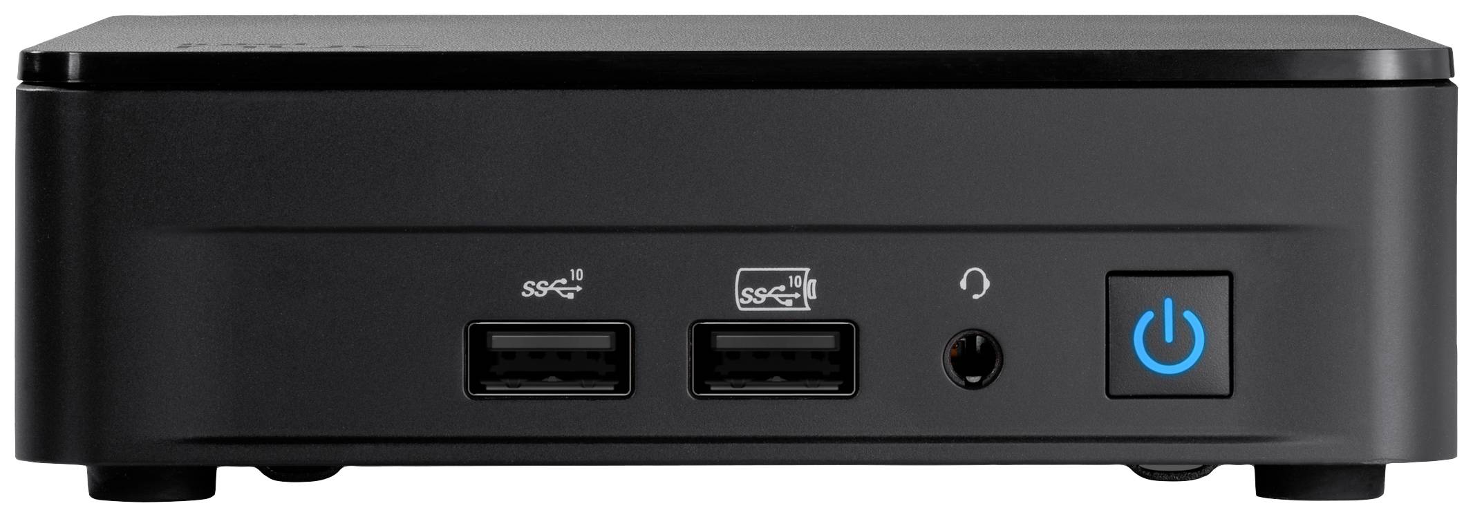 Mini computer nero con due porte USB, jack per cuffie e interruttore di accensione blu sul lato frontale.