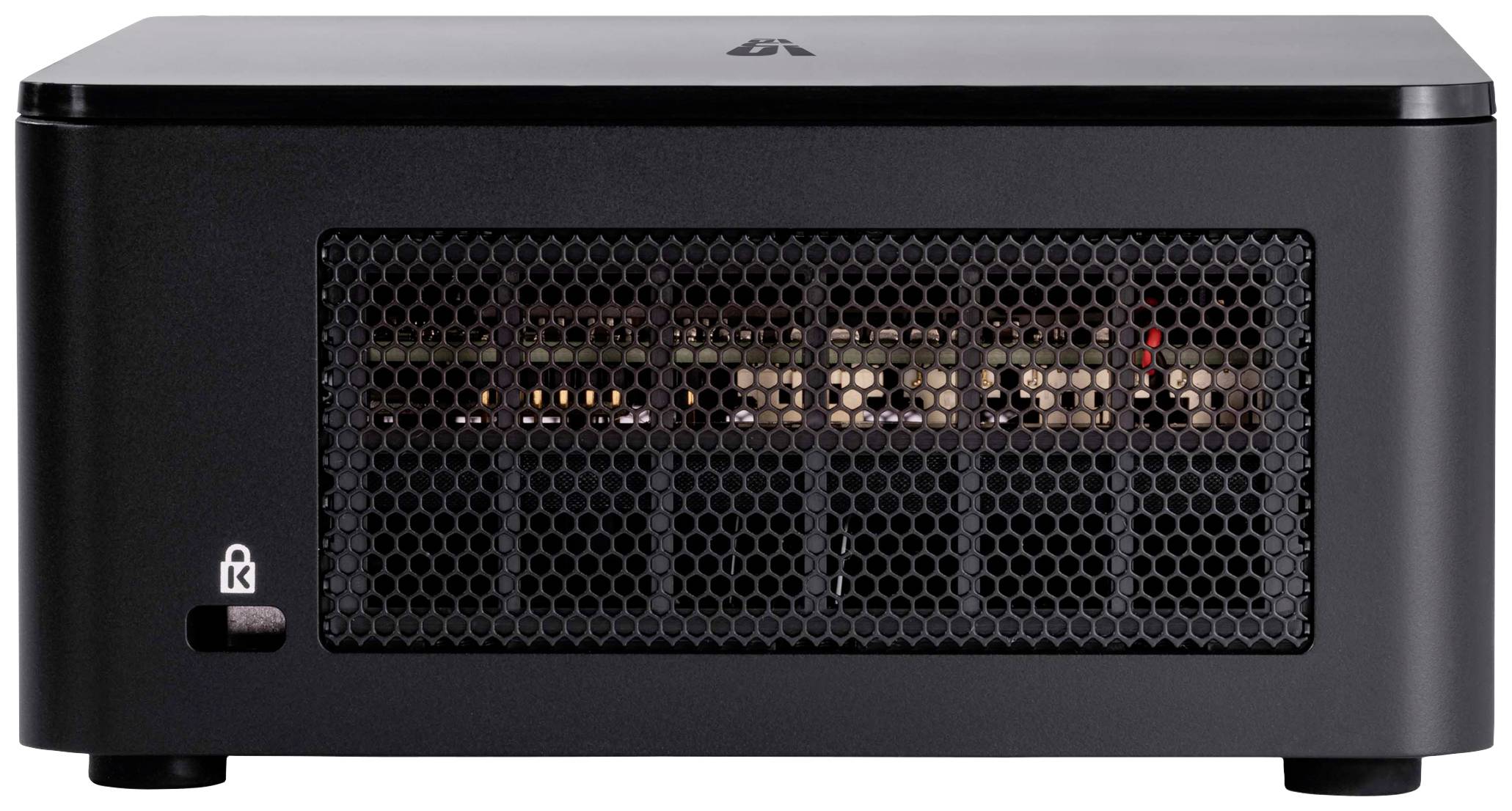 Un computer compatto nero con griglie di ventilazione sulla parte anteriore, con componenti interne visibili e una luce che illumina.