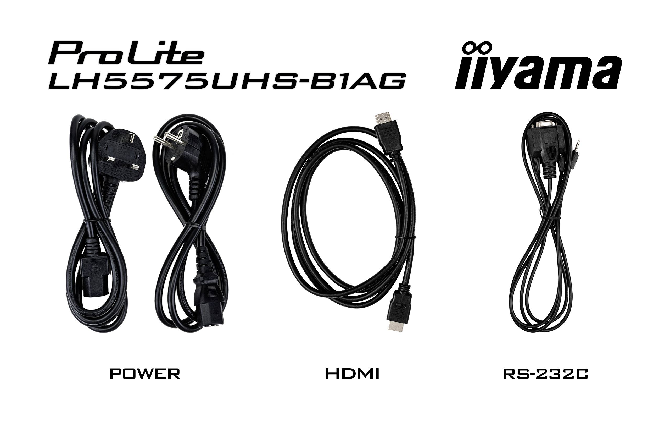 Tre cavi illustrati: a sinistra cavo di alimentazione, al centro cavo HDMI, a destra cavo RS-232C. In alto il numero del modello del monitor e il marchio 'iiyama'.