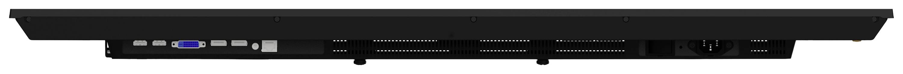 Il retro di un laptop nero con diverse porte, tra cui VGA, HDMI e più porte USB.