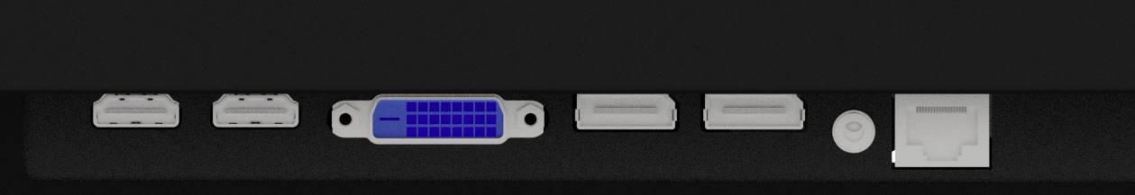 Una selezione di connettori video su un dispositivo. Da sinistra a destra: due porte HDMI, un connettore DVI, due DisplayPort, un jack audio rotondo e una porta VGA.