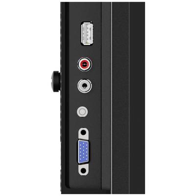 Vista laterale di un computer con porte: USB, ingressi audio rossi e bianchi, VGA.