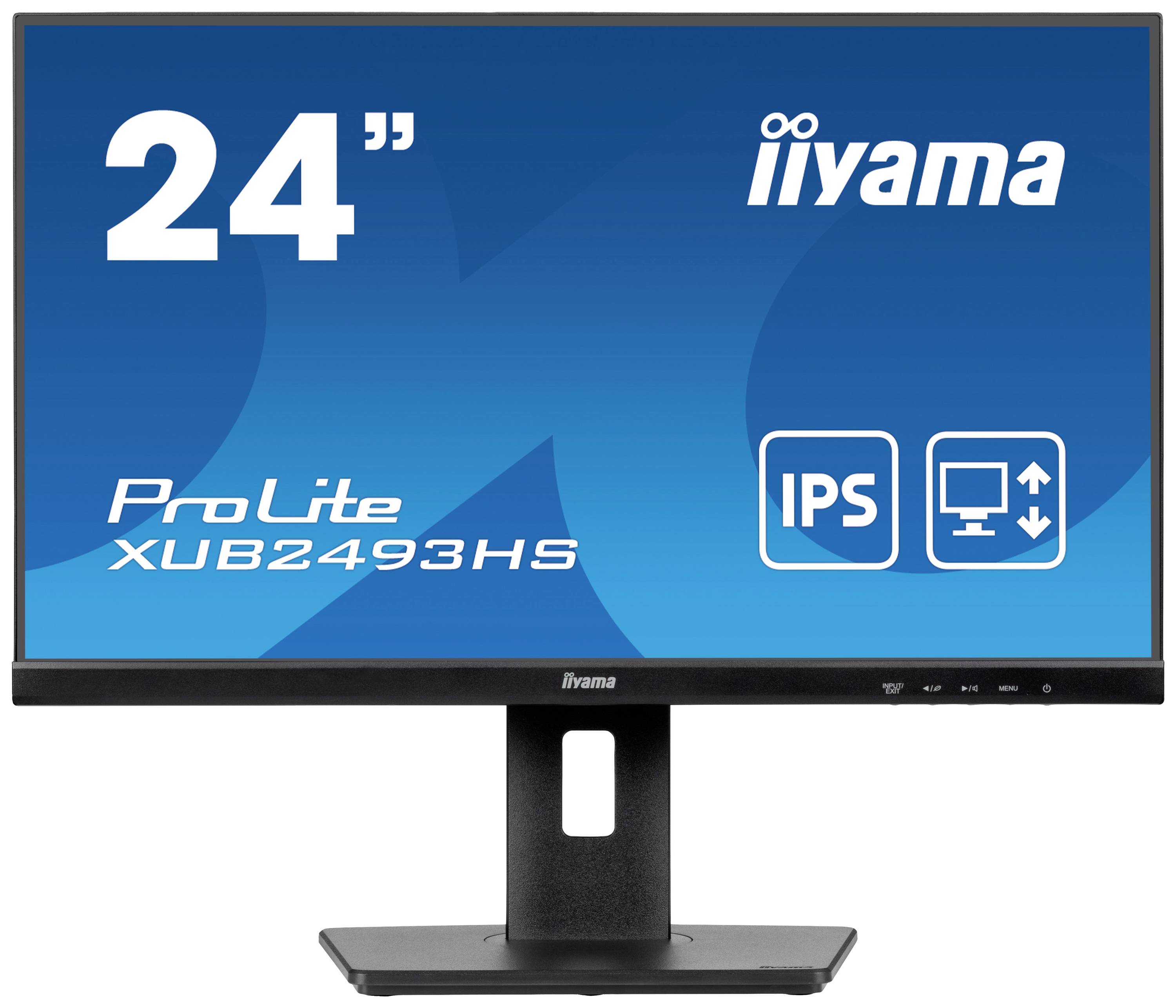 Un monitor iiyama da 24 pollici, modello ProLite XUB2493HS, con tecnologia IPS, poggiato su un supporto.