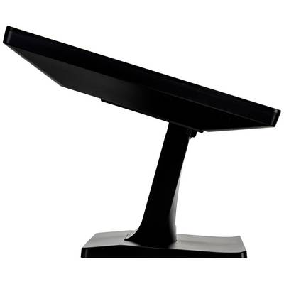 Vista laterale di un monitor nero con base girevole, leggermente inclinato verso il basso, adatto per postazioni di lavoro su scrivania.