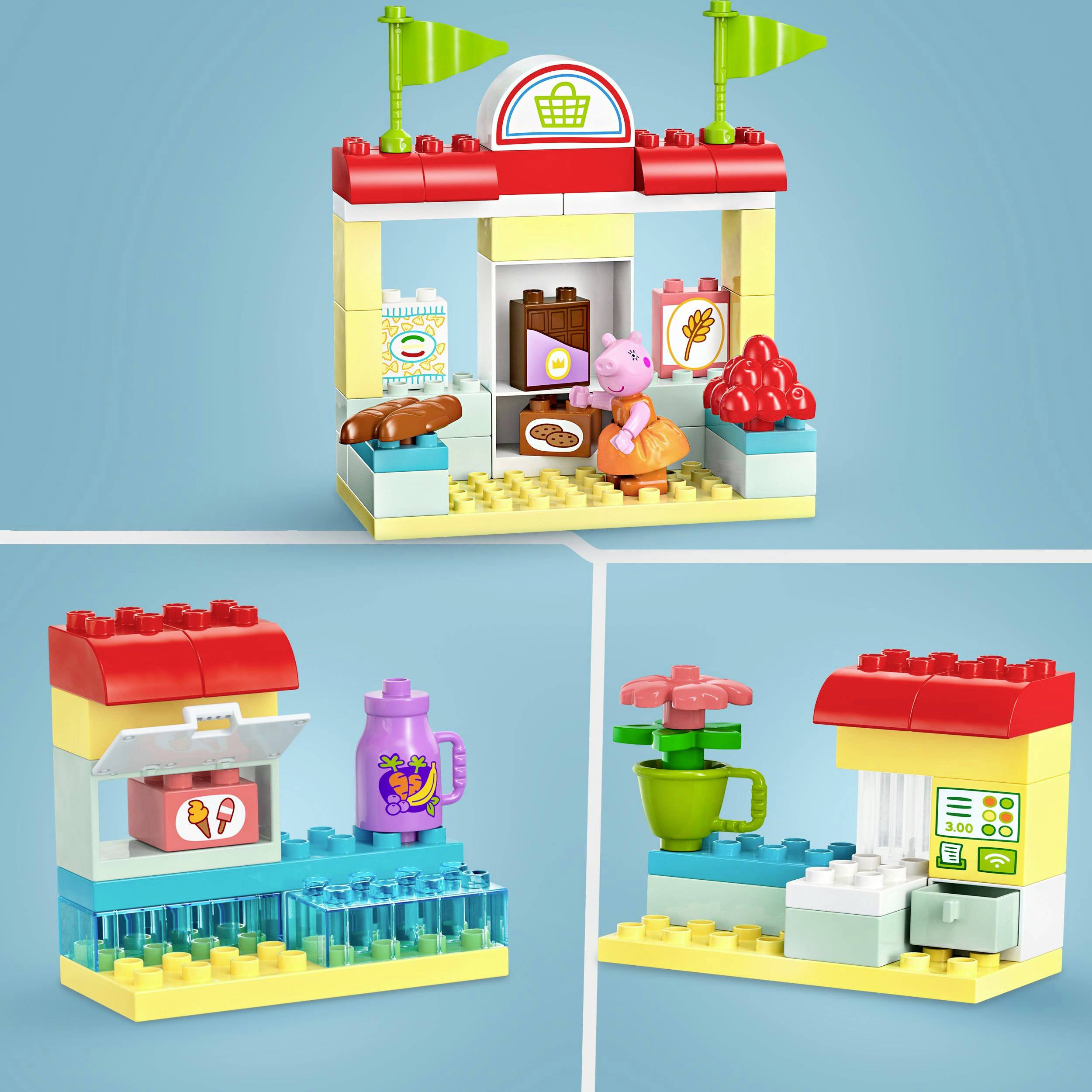 Scena colorata di un negozio Lego con personaggi. In alto: chiosco con generi alimentari. In basso a sinistra: distributore automatico di bevande. In basso a destra: cassa con pianta.
