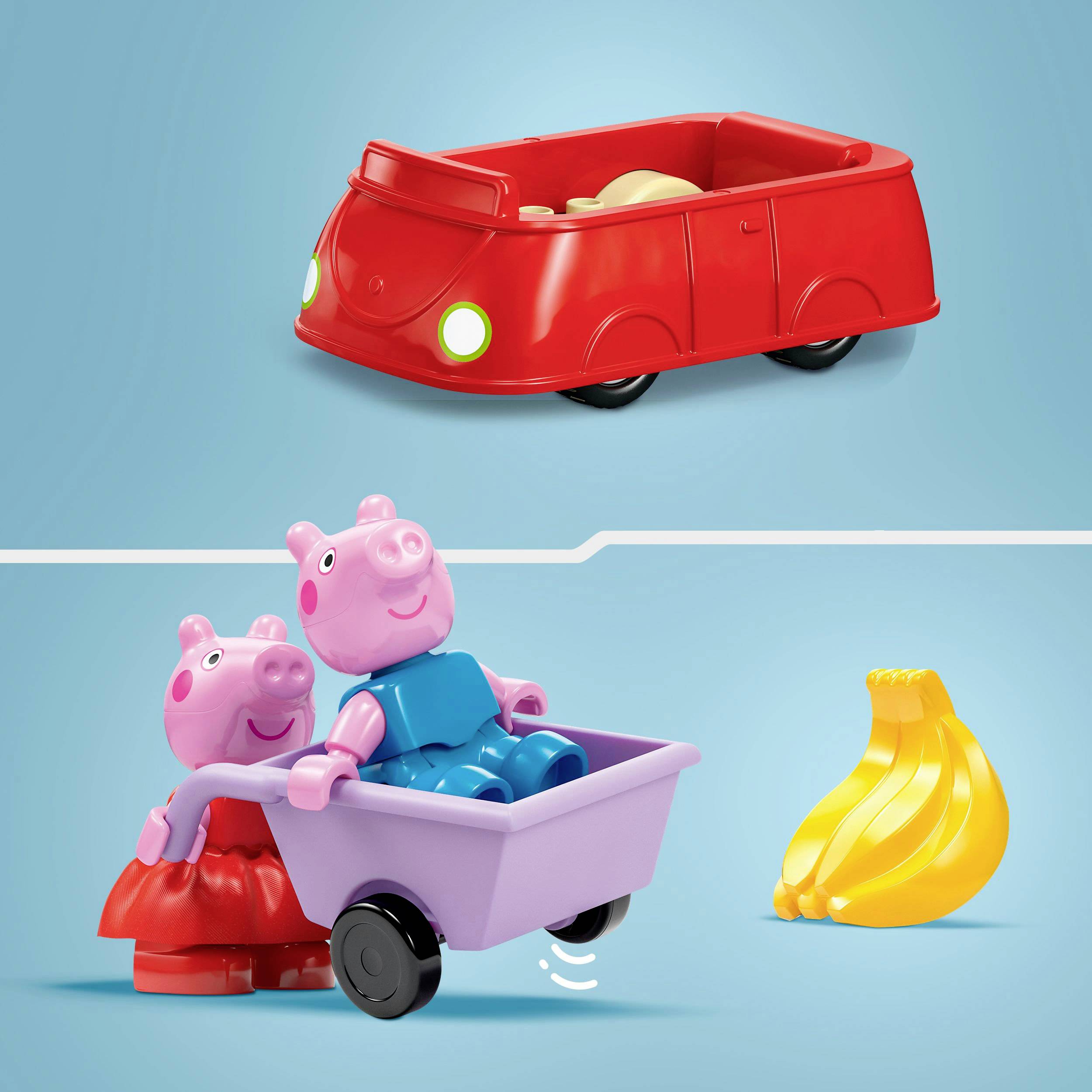 Un'automobilina giocattolo, due figure in un carrello viola e banane di plastica gialle su uno sfondo blu.