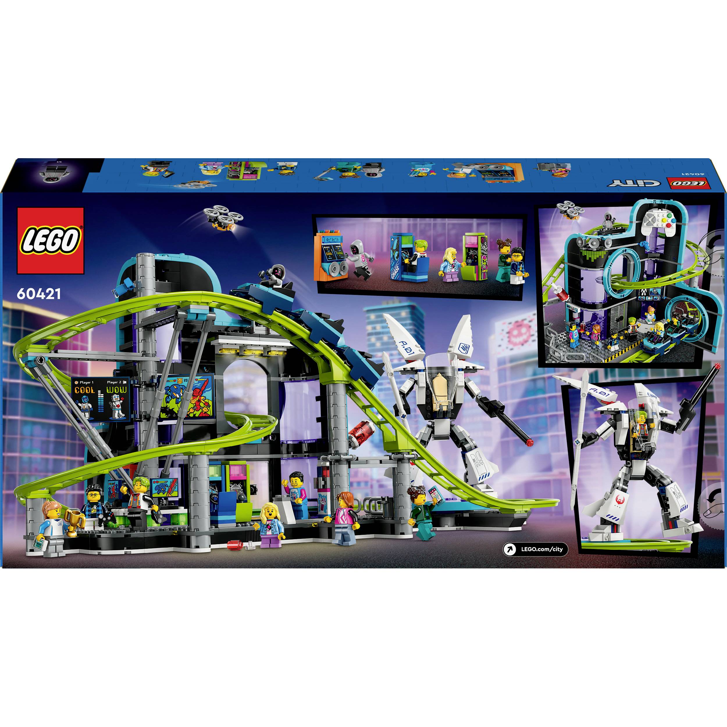 Set LEGO "Bazar del Gamer" con giochi arcade, figura robotica e personaggi in un ambiente futuristico. Contiene 466 pezzi.