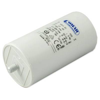 Un condensatore elettrico cilindrico con specifiche tecniche e simboli di sicurezza sul corpo.
