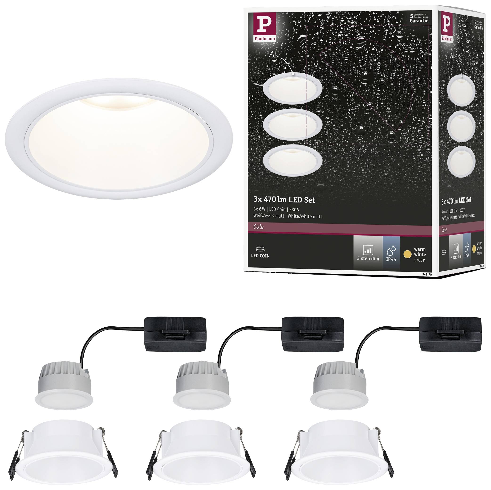 Tre faretti LED da incasso bianchi da 470 lumen, accanto alla confezione del prodotto con la scritta '3x 470 lm Set LED'.