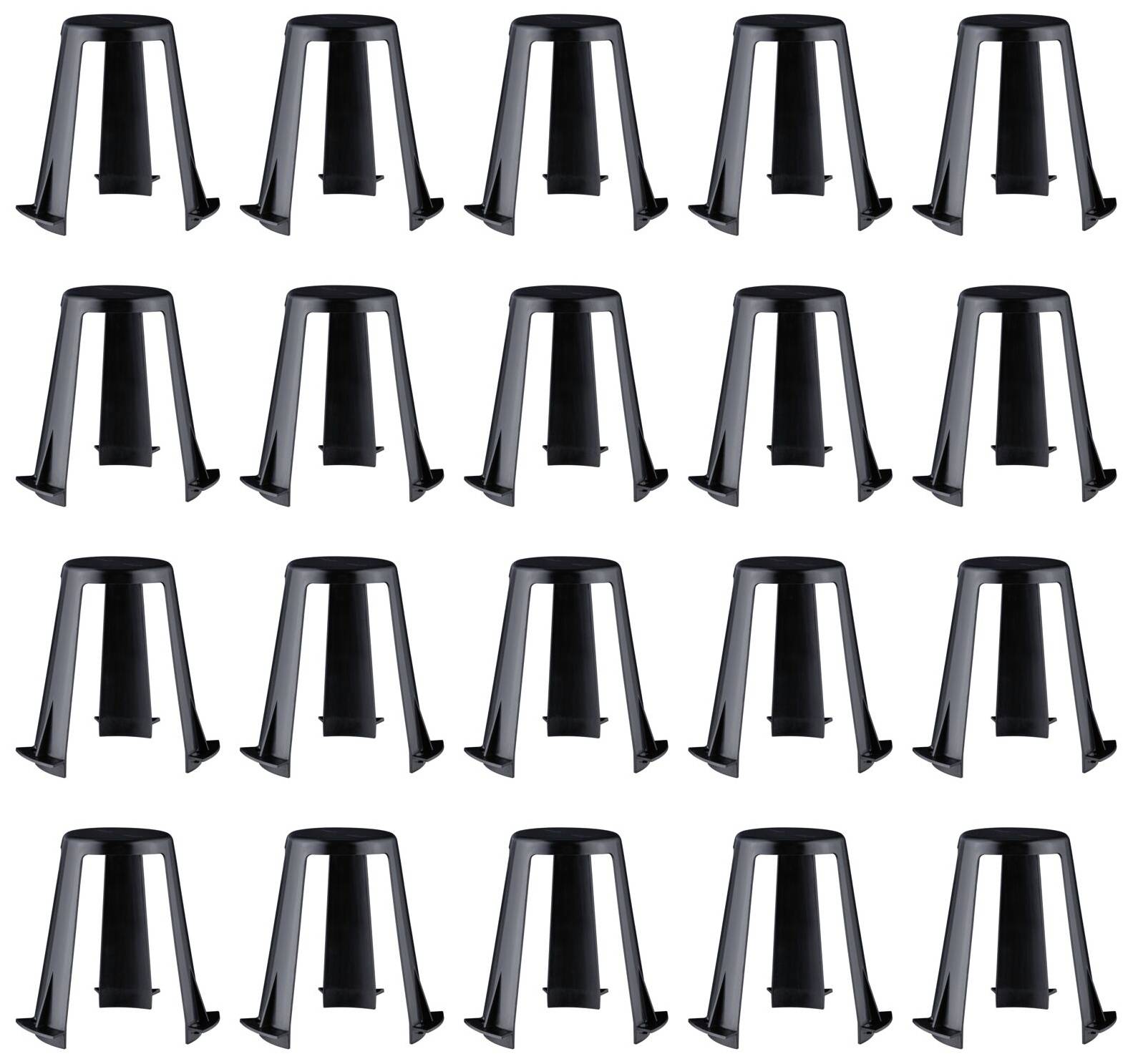 Distanziatori in plastica nera, disposti uniformemente in cinque file. Sono utilizzati per supportare e stabilizzare strutture.