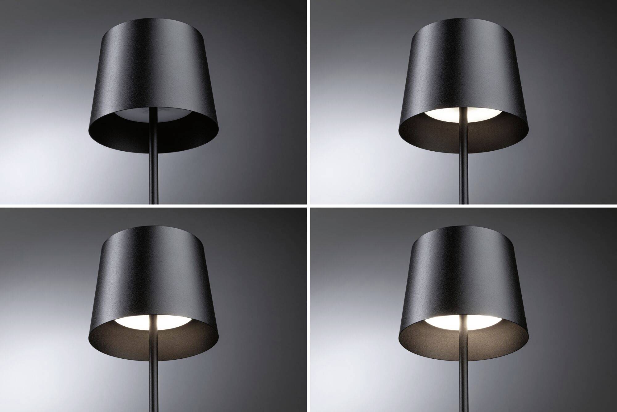 Quattro immagini di una lampada da terra moderna con paralume nero, ciascuna con diverse intensità di illuminazione.