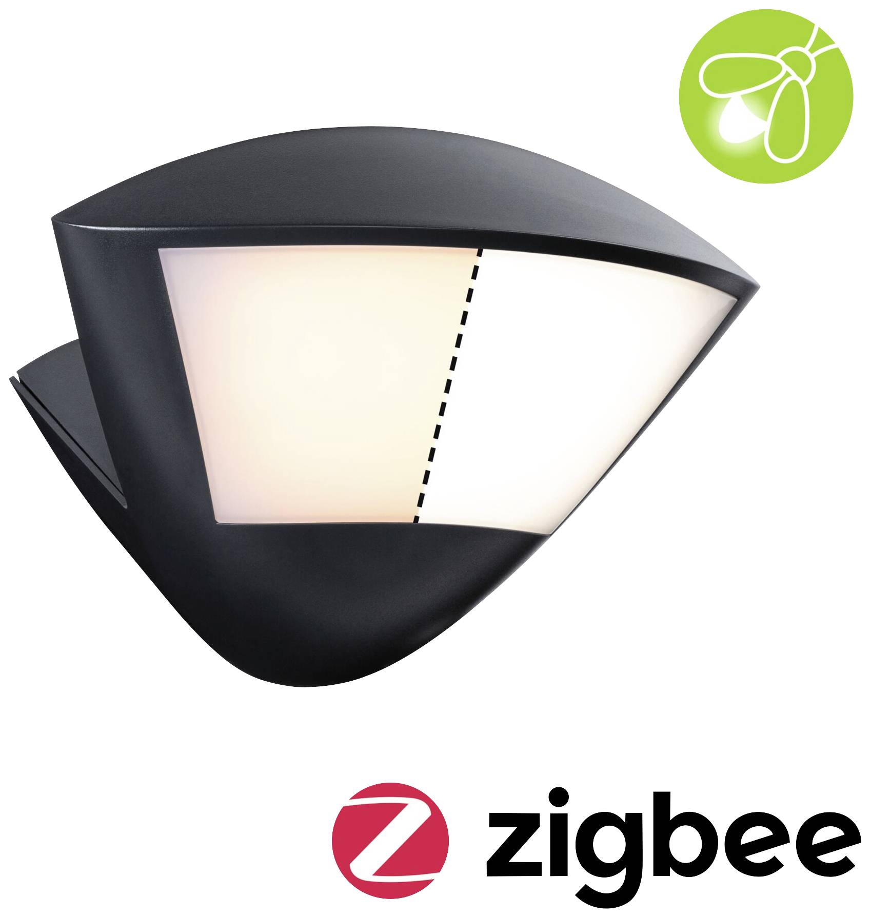 Applique da parete nera con logo Zigbee integrato, che mostra il design della lampada e la compatibilità con la tecnologia Zigbee.