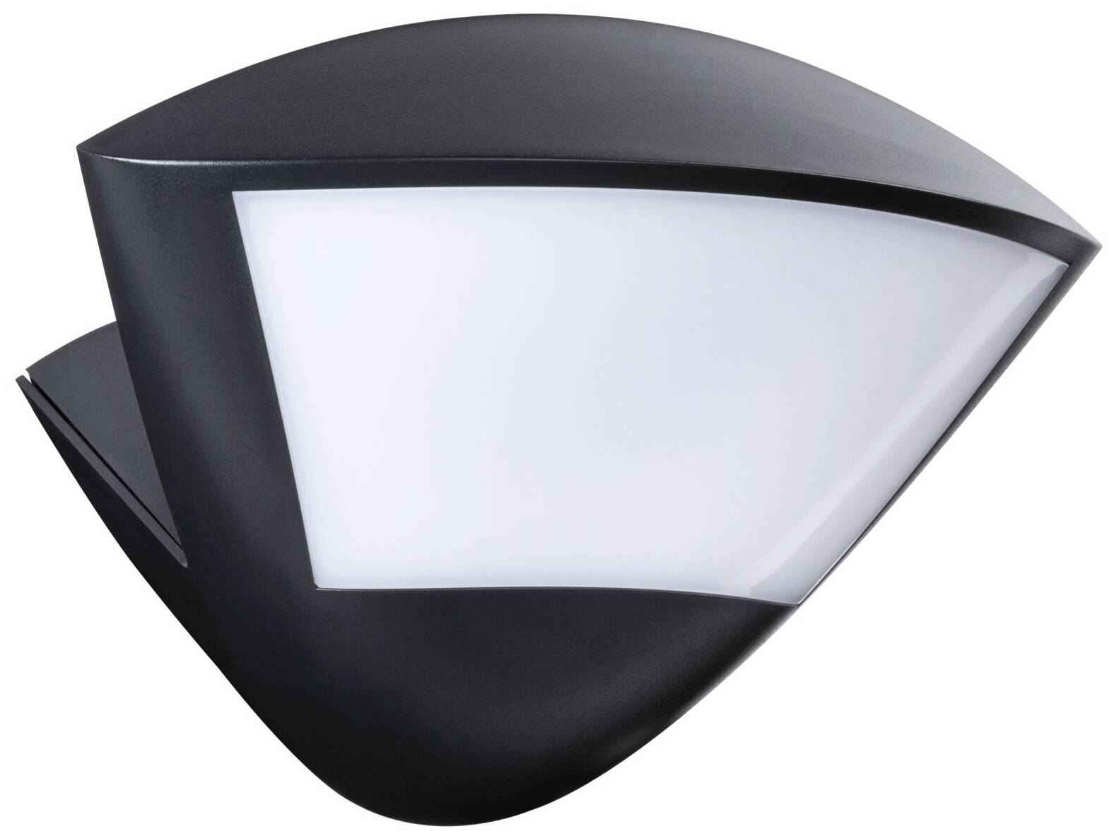 Applique nera dal design moderno e curvo con pannello luminoso bianco, adatta per illuminazione interna o esterna.