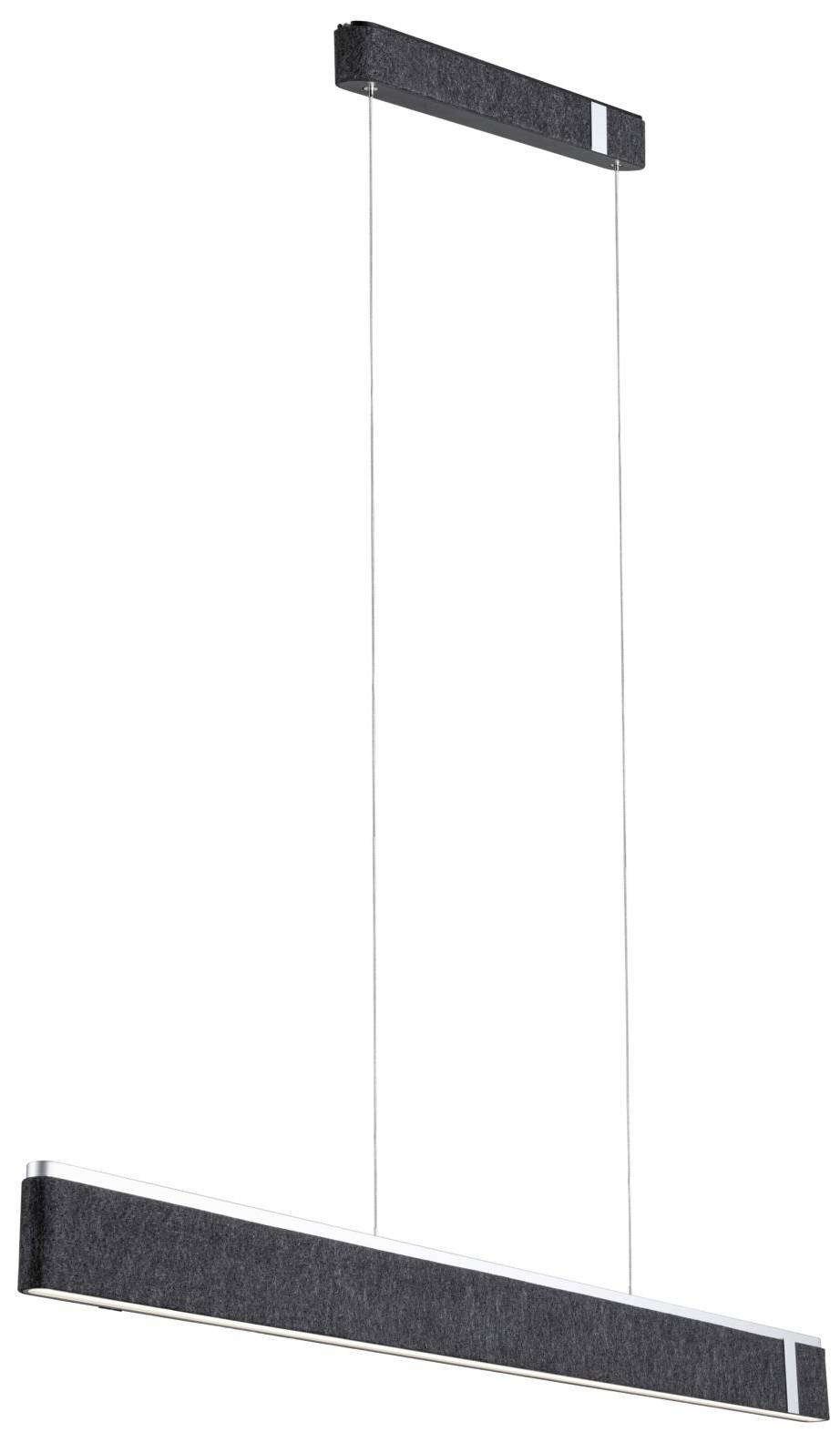 Moderna lampada a sospensione rettangolare con involucro sottile nero, appesa a due cavi sottili da un supporto a soffitto rettangolare.