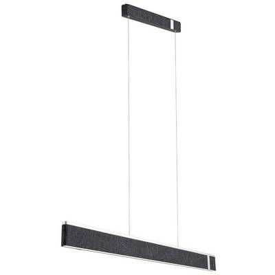 Moderna lampada a sospensione rettangolare con involucro sottile nero, appesa a due cavi sottili da un supporto a soffitto rettangolare.