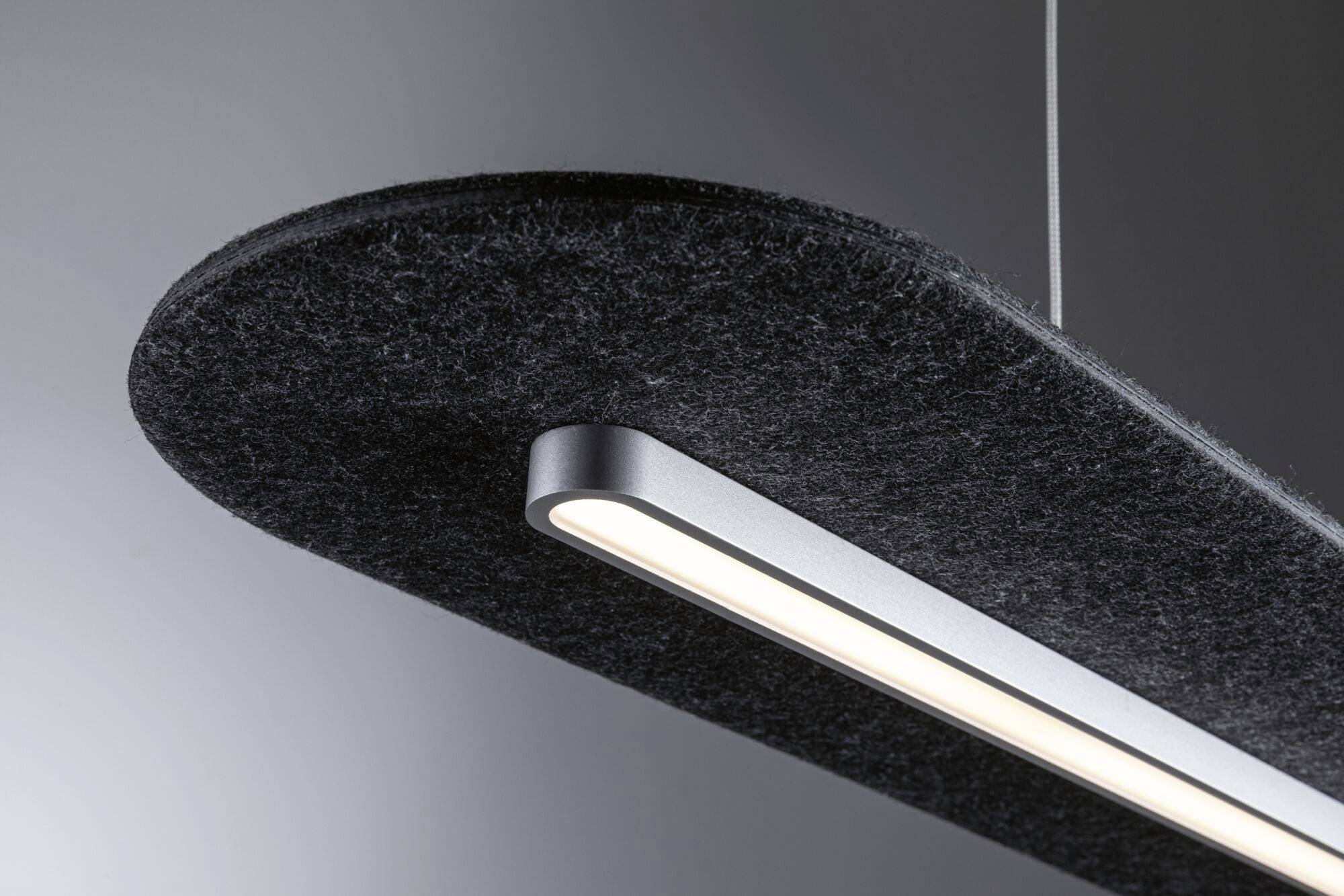 Lampada a sospensione dal design moderno, pannello ovale nero, con corpo illuminante argentato sotto. Sospensione ancorata al soffitto.