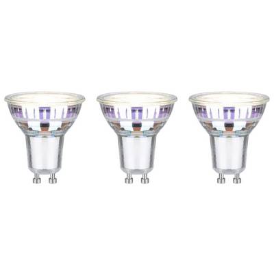 Tre lampadine LED in fila, ciascuna con attacco GU10, superficie riflettente e copertura in vetro trasparente.
