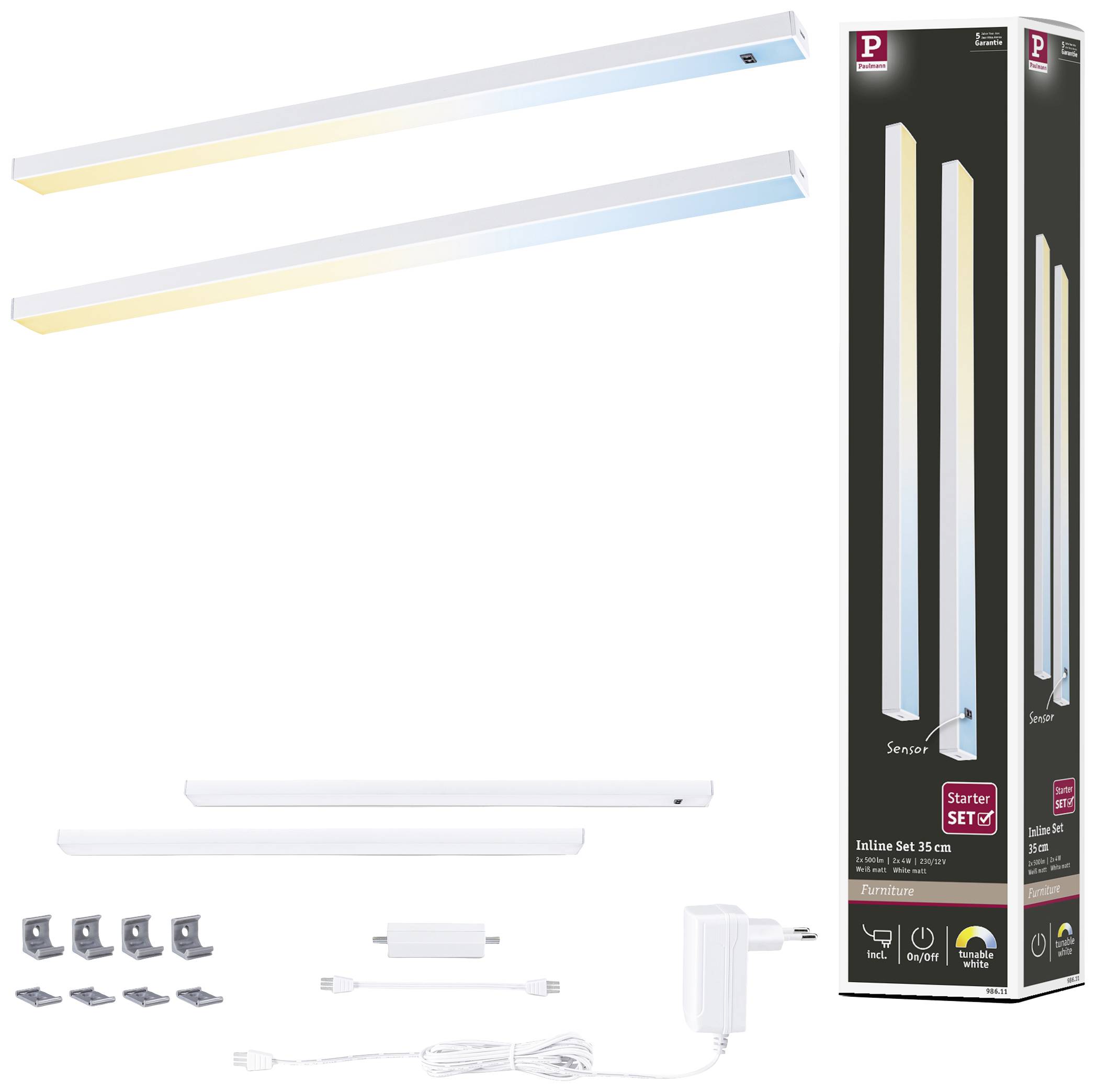 Set di strisce luminose LED con due barre LED in bianco caldo e bianco freddo. Include accessori di montaggio e un alimentatore. Confezione mostrata.