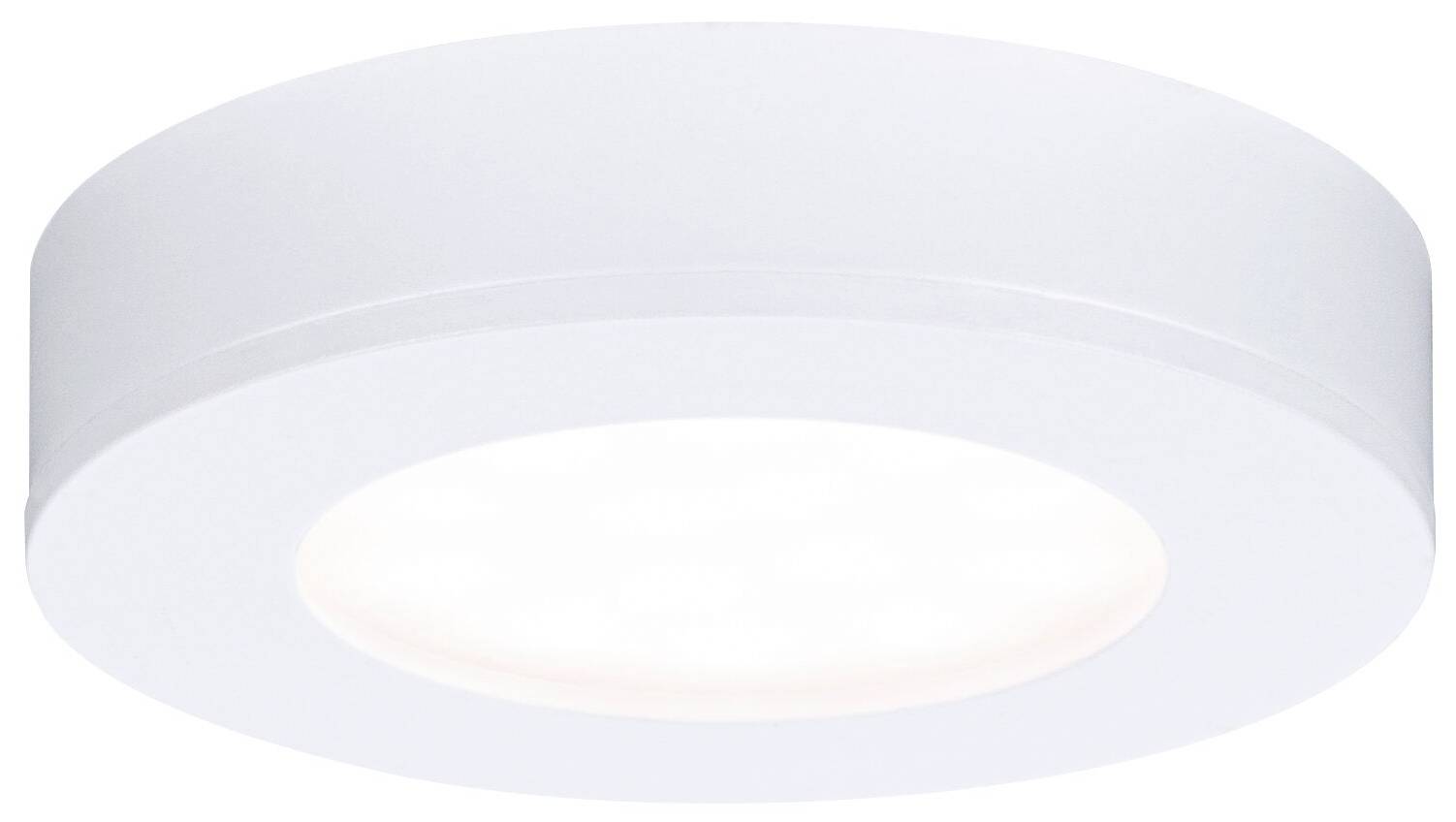 Un'applique LED rotonda e piatta di colore bianco che emana una luce uniforme. Adatta per interni moderni.