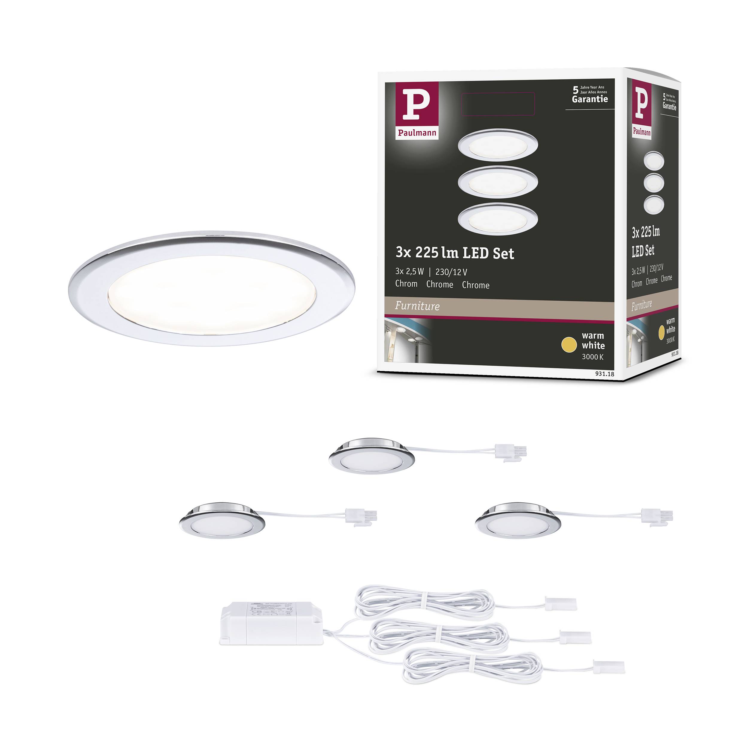 Un set di LED composto da tre lampade piatte e rotonde con cavo di collegamento, raffigurato accanto alla confezione.