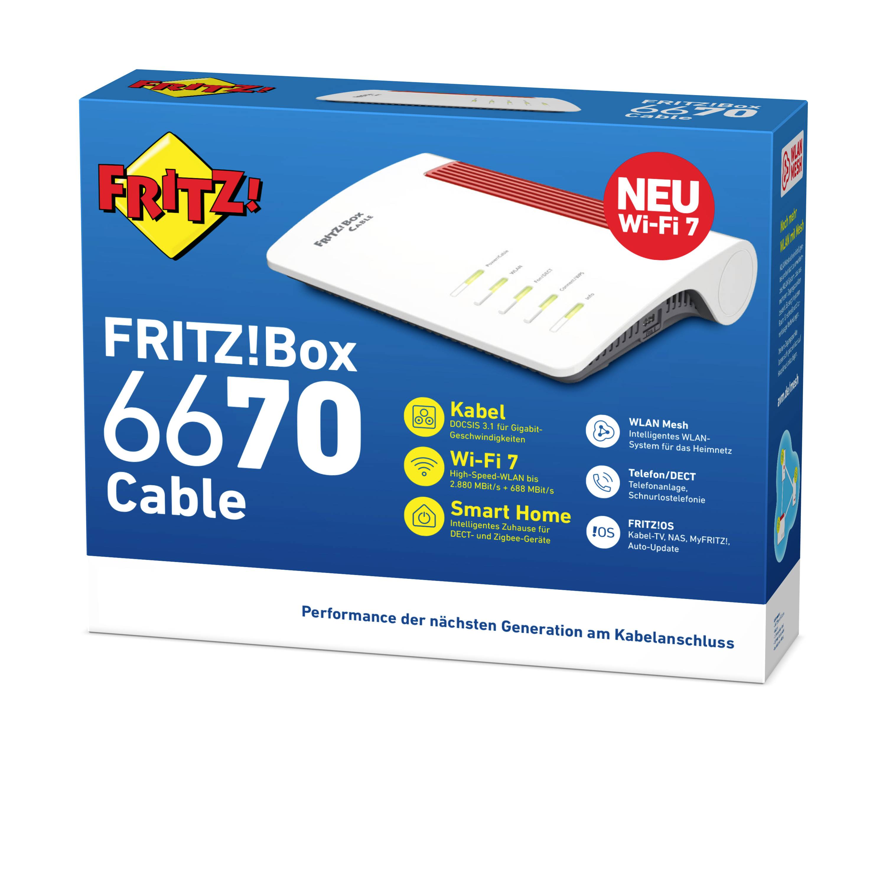 Confezione 'FRITZ!Box 6670 Cable' con immagine di un router Wi-Fi. Testo sulla scatola che enfatizza: Mesh Wi-Fi, Wi-Fi 7, Smart Home, alta velocità.