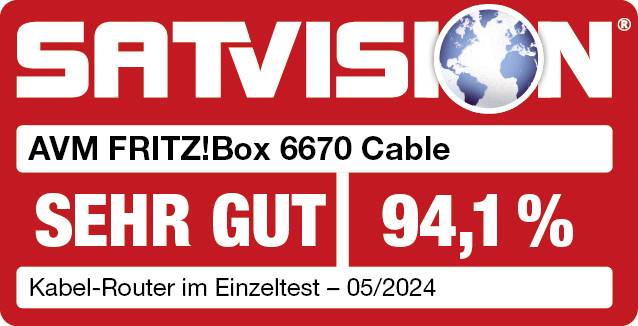 Marchio di verifica rosso e bianco con testo 'SATVISION, AVM FRITZ!Box 6670 Cable, MOLTO BENE 94,1 %, Router via cavo nel test individuale – 05/2024'.