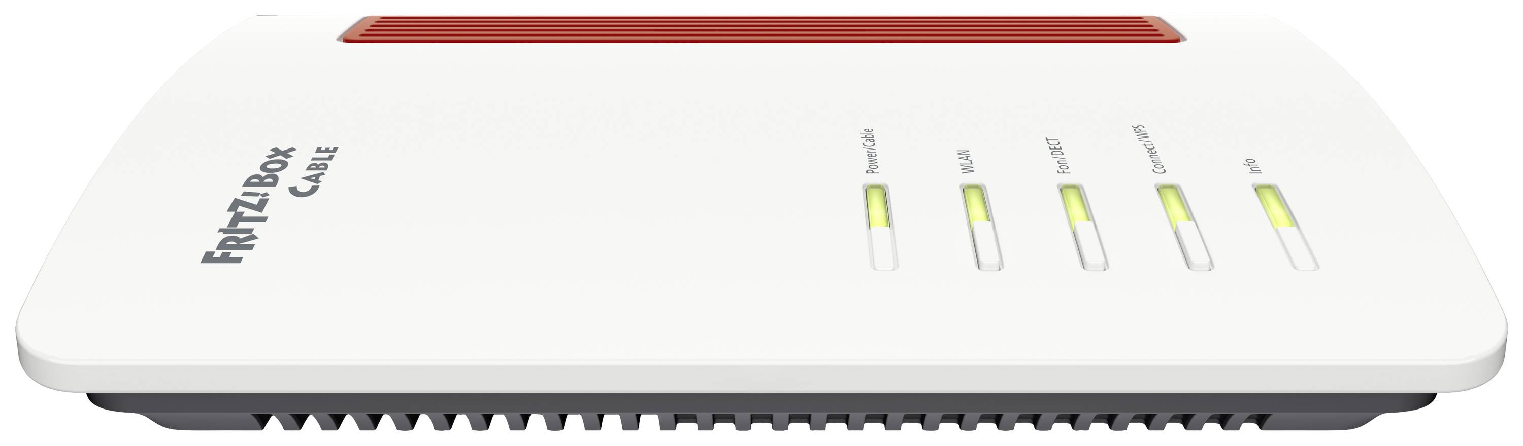 Router a banda larga in bianco con diversi indicatori luminosi di stato; una striscia rossa in alto indica l'attività. Nome del marchio sulla parte superiore sinistra.