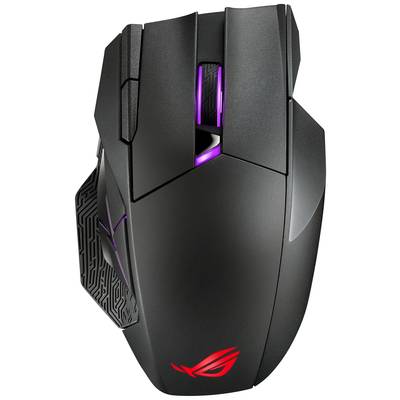 Mouse da gaming nera con illuminazione viola e design ergonomico. Presenta una superficie strutturata per una migliore impugnatura.