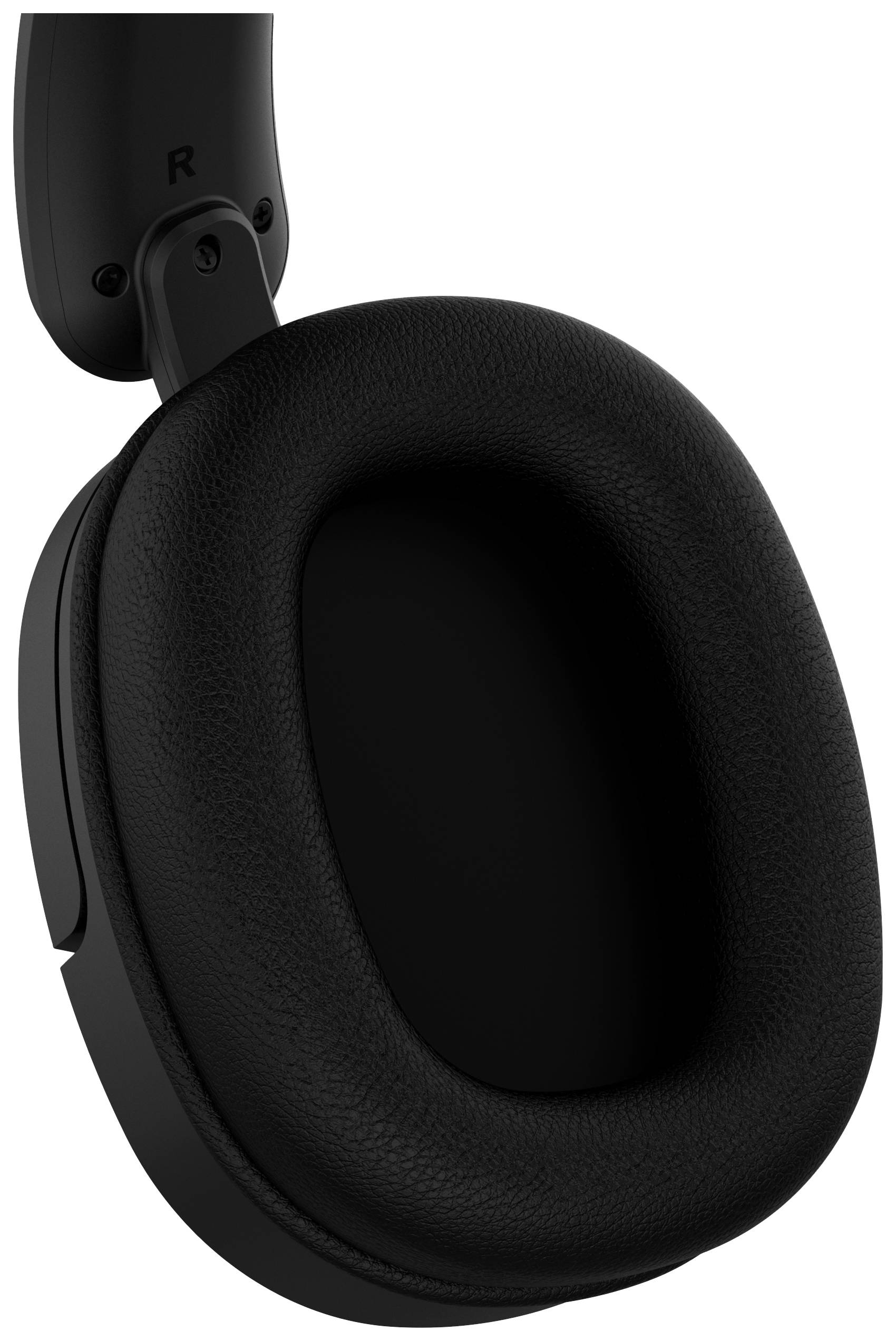 Cuffie over-ear nere con padiglioni imbottiti, che mostrano il lato destro, incluso l'archetto curvo.
