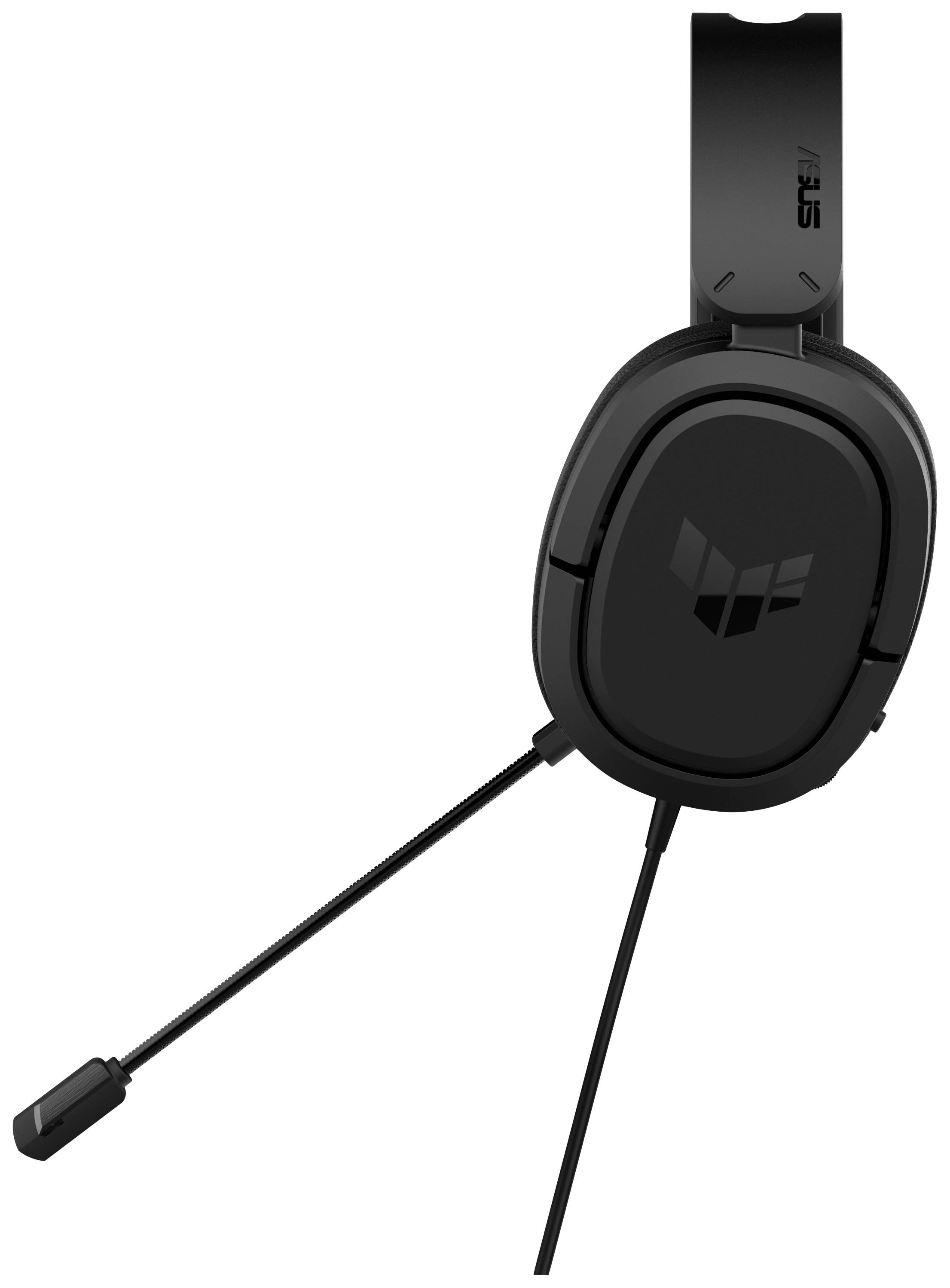 Cuffie da gaming nere con microfono, raffigurate sopra un orecchio, mostrano il logo distintivo e offrono un design ergonomico per un'esperienza di gioco confortevole.