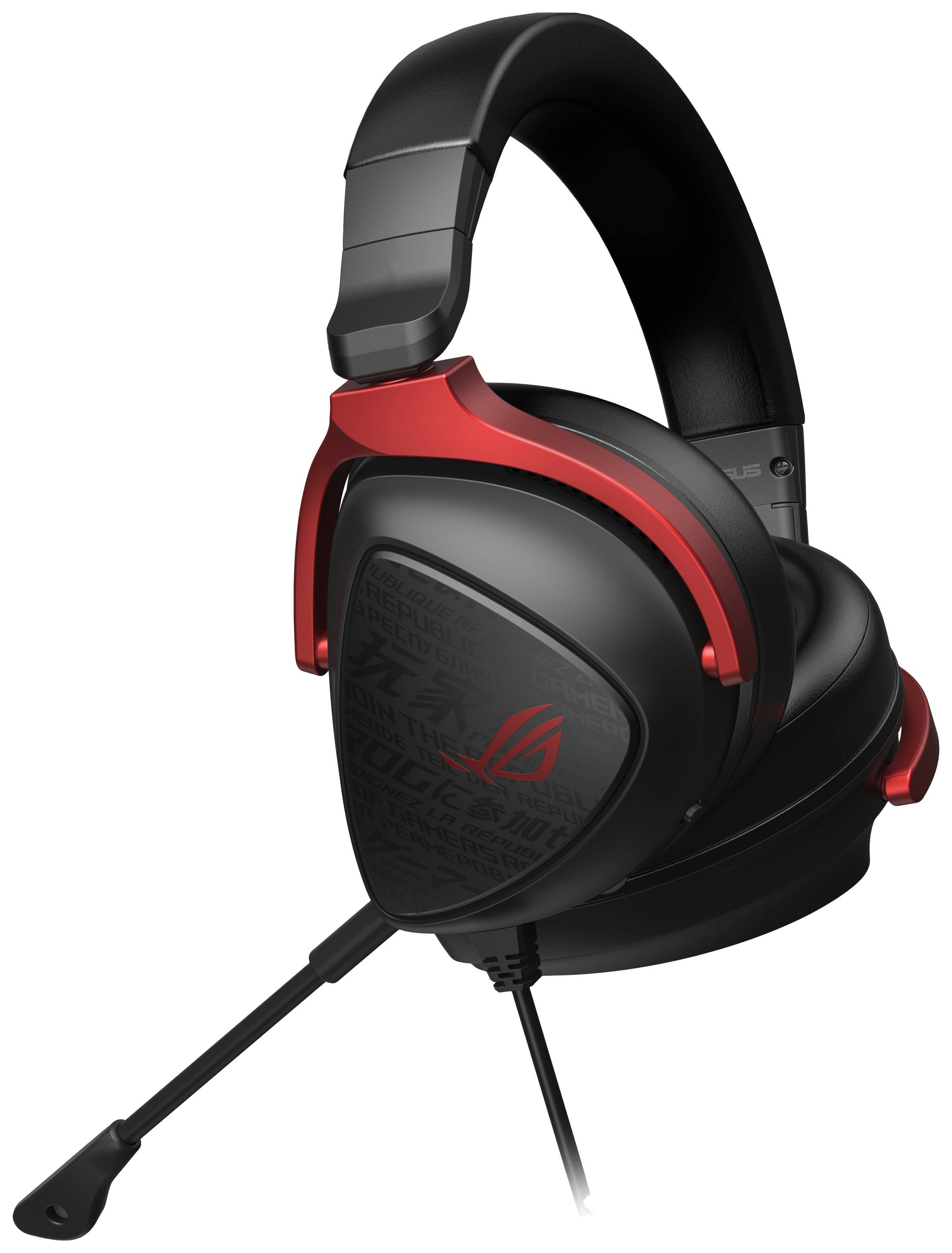 Cuffie con microfono. Design nero e rosso. Adatte per gaming e comunicazione. Archetto regolabile sul lato sinistro.