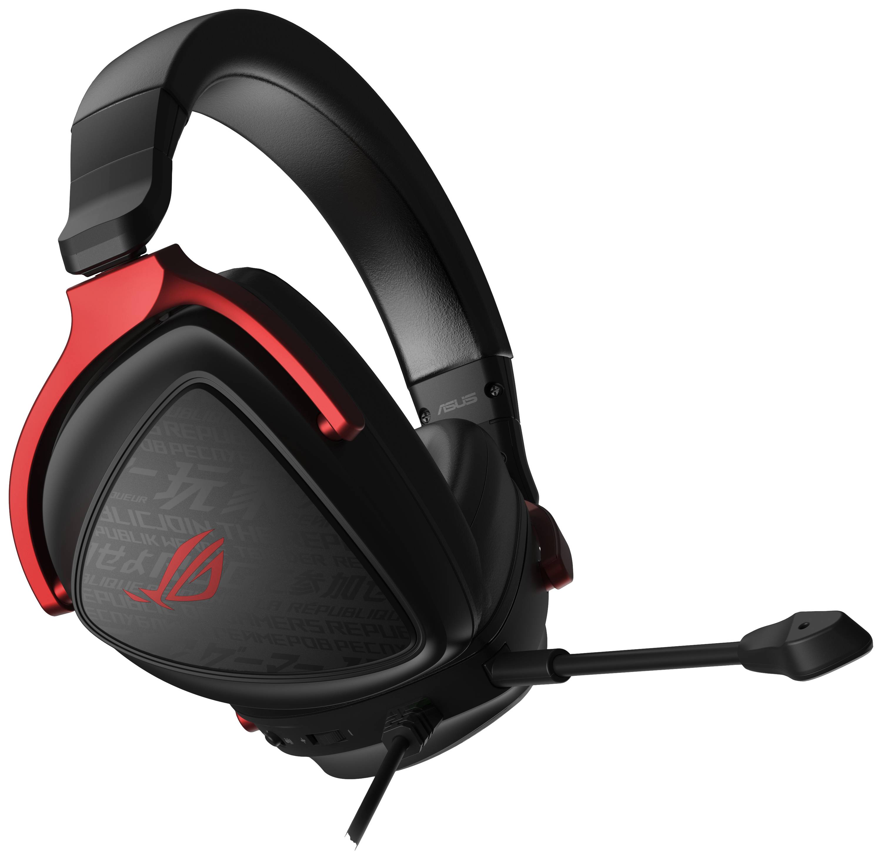 Cuffie da gaming in nero e rosso con microfono e archetto imbottito.