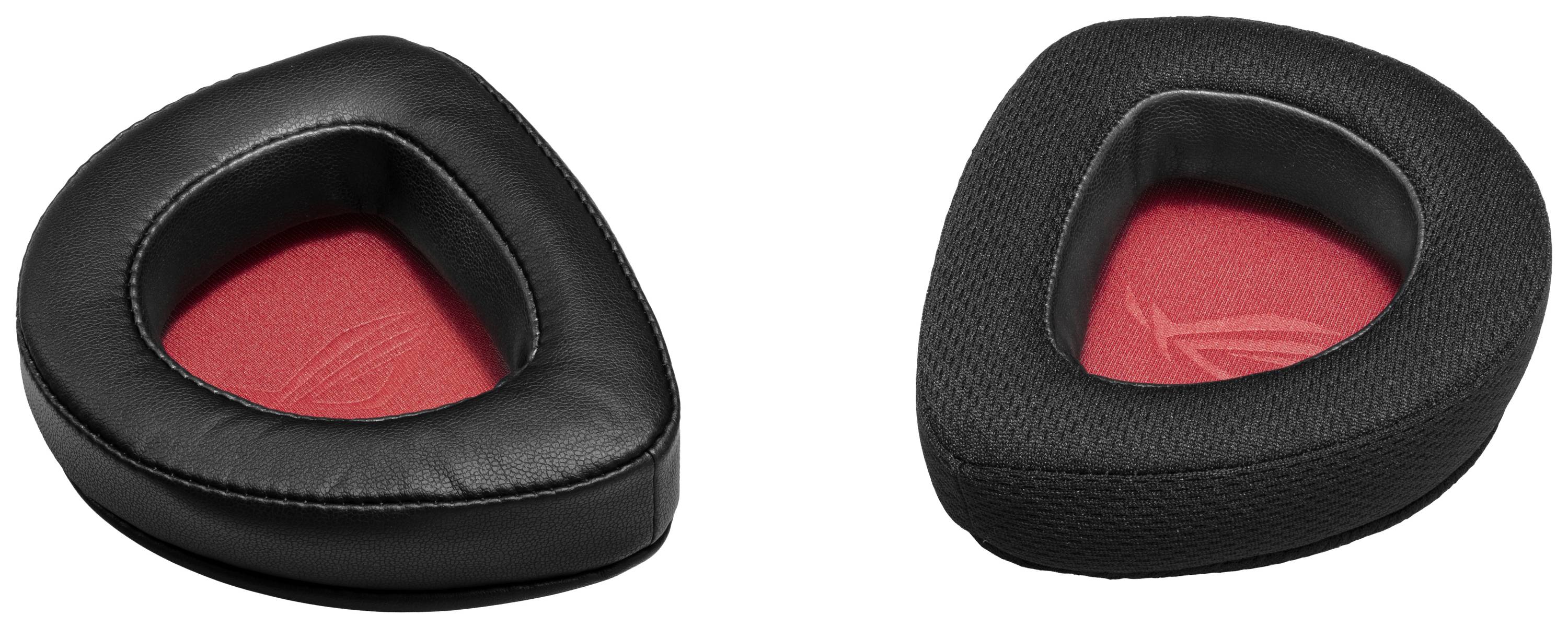 Cuscinetti per le orecchie in pelle e tessuto nero, forma triangolare con area interna rossa, adatti per la sostituzione di cuffie.