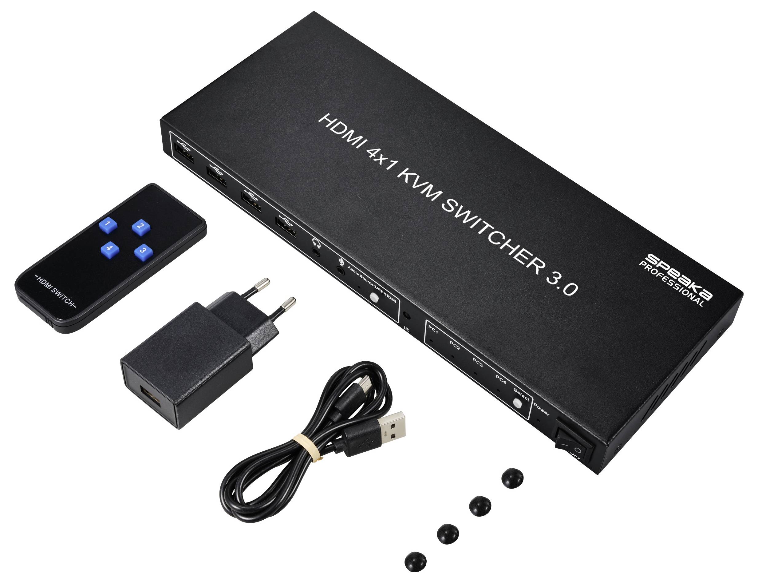 Kit commutatore KVM HDMI 4x1 3.0 con telecomando, adattatore di alimentazione, cavo USB e viti di montaggio.