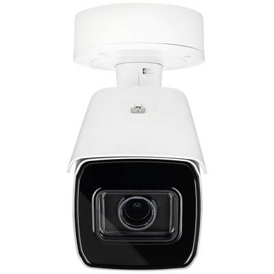 Telecamera di sorveglianza bianca con involucro rettangolare e testa dell'obiettivo visibile. Fissata a un supporto per il montaggio a soffitto.