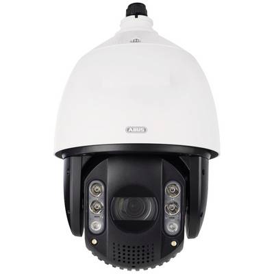 Una telecamera di sorveglianza bianca con involucro nero e diversi LED visibili sul davanti, marchio "Abus".